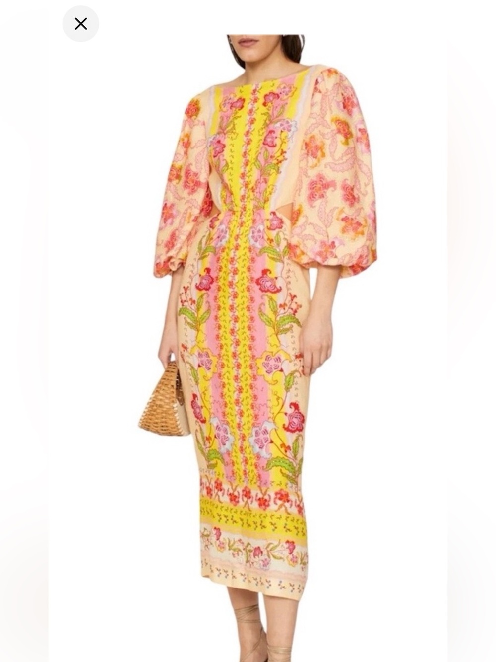 SALONI Neelam Puff-Sleeve Cutout Floral Linen Midi Dress Size US 10